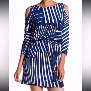 Sz 12 Calvin Klein Blue White Cold-Shoulder Jerseys Drawstring Midi Dress